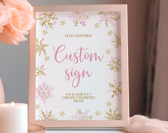 Watercolor Snowflake Custom Sign: Pink & Gold Winter Template (Digital Download)