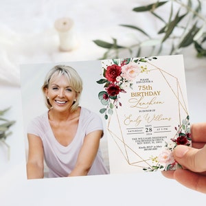 Marsala & Blush Pink Floral 75. Geburtstag Einladung, EDITIERBARE Vorlage, Frauen Floral druckbare Foto Geburtstag einladen, jedes Alter Frauen einladen