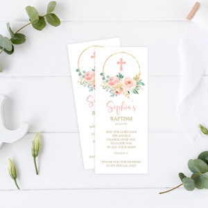 Taufe Lesezeichen Vorlage, EDITIERBARE, Blush Pink Floral Lesezeichen Andenken, druckbare Taufbevorzugungen, Gold Glitter, Instant Download