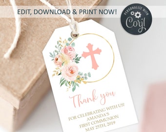 Blush Pink Floral First Communion Thank You Tag (Editable PDF)