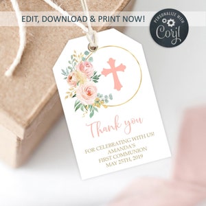 First Communion Thank You Favor Tag Template, Blush Pink and Gold Thank You Tag Printable, 2x3, Customize Message, Floral Favor Tags image 1