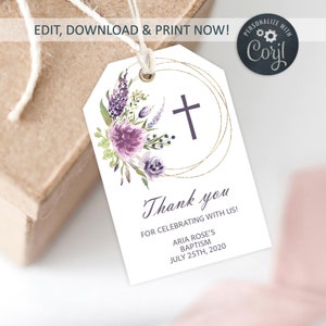 Lavender Baptism Thank You Favor Tag Template, EDITABLE, Purple Flowers Thank You Tag Printable, Customize Message, Violet Floral Favor Tags