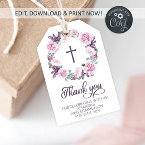 Plantilla de etiqueta de agradecimiento de primera comunión, EDITABLE, Etiqueta de agradecimiento floral de peonías imprimible, 2x3", Etiquetas de favor de flores de lavanda, Púrpura