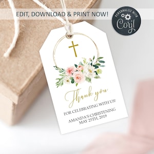 Blumen Taufe Dankeschön Geschenkanhänger Vorlage | Bearbeitbares Blush Pink Printable Tag | Greenery Kranz 2x3" Dankeschön Tag | Sofort Download