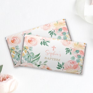 Blush Pink BAPTISM Chocolate Bar Wrapper, EDITABLE Template, Printable Floral Candy Bar Wrapper, Girl Baby Shower, Hershey, Instant Download