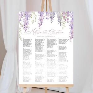 Elegante modello alfabetico per la tabella dei posti a sedere per matrimonio con glicine viola, modello alfabetico per la tabella dei posti a sedere con fiori di lavanda, modello stampabile fai da te