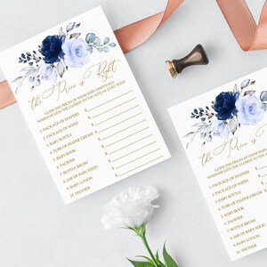 Flores Azul-marinho e Caligrafia Dourada O Jogo do Preço Certo | Modelo de Chá de Bebê Boho Editável | Brunch de Bebê Floral Azul para Imprimir