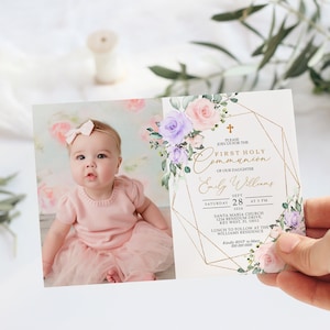 Blush Pink & Violet Flowers First Holy Communion Invitation, EDITABLE Template, Boho Floral Girl Printable Christening Invite, Gold Frame