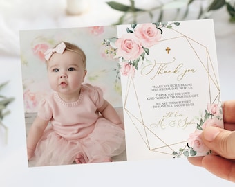 Blush Pink Baptism Photo Thank You, EDITABLE Template, Printable Boho Thank You, Girl First Communion, Modern Calligraphy Script Christening