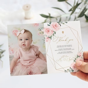 Blush Pink Taufe Foto Danke, EDITIERBARE Vorlage, druckbare Boho Danke, Mädchen Erstkommunion, moderne Kalligraphie Skript Taufe