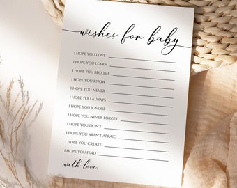 Könnte beinhalten: Eine weiße Karte mit schwarzem Text, der "wishes for baby" lautet und eine Liste von Sätzen wie "Ich hoffe, du liebst", "Ich hoffe, du lernst" und "Ich hoffe, du findest" enthält.