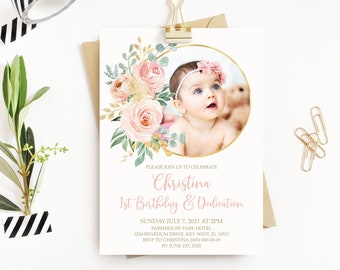 Floral Baby's First Birthday & Dedication Invitation, EDITABLE Template, Blush Pink and Gold Printable 1st Birthday Invite, Boho Baby Girl