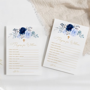 Tarjetas con oraciones florales para bebé en azul marino y dorado / Plantilla editable de tarjeta de oración para bautismo con flores azules / Tarjeta de deseos para baby shower estilo bohemio