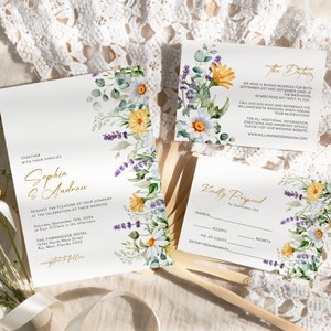 Wildblumen Hochzeitseinladungs-Set, EDITIERBARE druckbare Gänseblümchen & gelbe Wildblumen Hochzeitsvorlage, Blumen Antwortkarte, Details, Dankeskarte