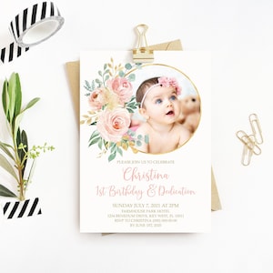 Floral Baby erster Geburtstag & Widmung Einladung, EDITIERBARE Vorlage, Blush Pink und Gold druckbare 1. Geburtstag einladen, Boho Baby Girl