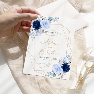 Faire-part de mariage floral bleu marine et or, modèle MODIFIABLE, carte de date de mariage imprimable rose bleue, invitation de calligraphie cadre doré