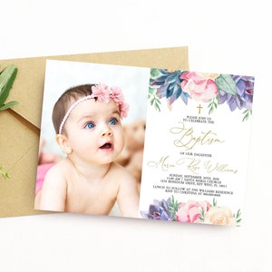 Sukkulente Taufe Einladung, EDITIERBARE Vorlage, Blush Pink druckbare Taufeinladung, florale Widmung Fotokarte, INSTANT DOWNLOAD