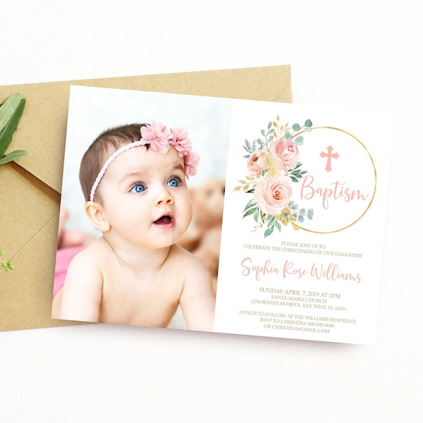 Baptism Invitation, EDITABLE Template, Blush Pink Floral Printable Christening Invite Girl, Dedication Photo Card, Gold, INSTANT DOWNLOAD