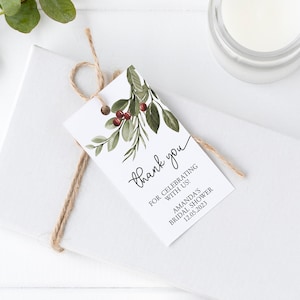 Christmas Thank You Tag Template, EDITABLE, Green Leaf & Red Berry Favor Tag Printable, Cozy Winter Favour Floral 2x3.5&quot;, Shower, Wedding