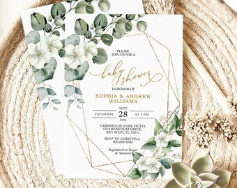 Invitación para baby shower de eucalipto: vegetación y marco dorado (plantilla editable)