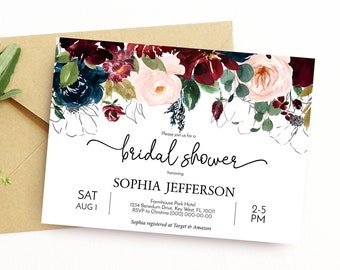 Burgundy Floral Bridal Shower Invitation: Editable Template (Digital Download)