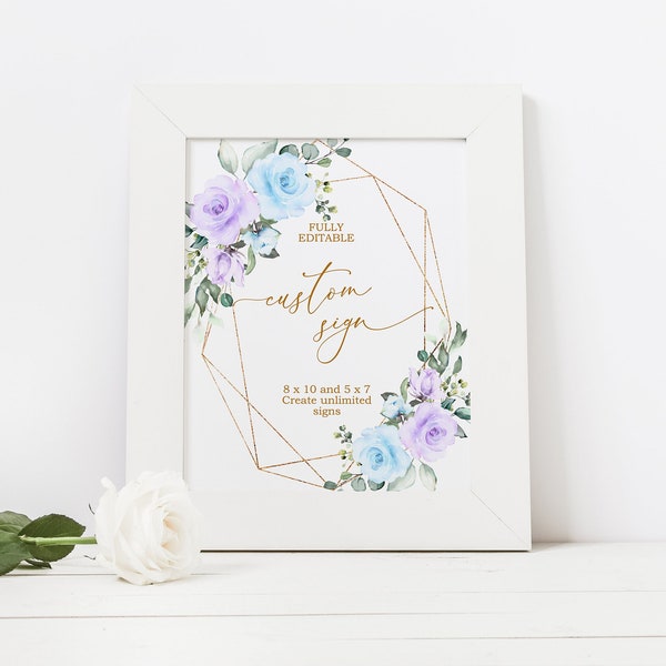 Unlimited Blue & Purple Flowers Shower Signs, EDITABLE Template, Gold Frame Custom Sign, Printable, 5x7, 8x10, Lavender Rose Baby Brunch
