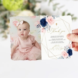 Blush Pink & Navy Taufe Foto Danke, EDITIERBARE Vorlage, druckbare Boho Danke, Mädchen Erstkommunion, moderne Taufe, Gold Rahmen