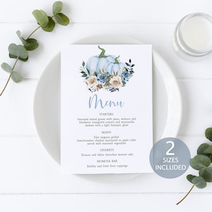 Plantilla de menú de calabaza azul, EDITABLE, Tarjeta floral imprimible, Baby Shower de otoño, Azul marino y marfil, Fiesta de cumpleaños de niño, Descarga instantánea