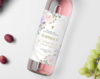 Etiqueta de vino de primera comunión de flores rosa rubor y violeta, plantilla EDITABLE, etiqueta de bautismo de niña morada y dorada imprimible boho, etiqueta de vino de regalo