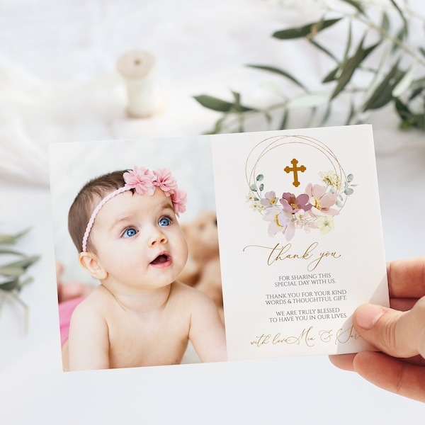 Wildflower Baptism Photo Thank You, EDITABLE Template, Printable Boho Thank You, Girl First Communion, Modern Calligraphy Script Christening