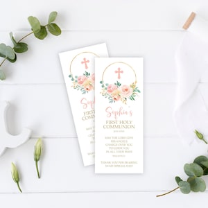 Erstkommunion Lesezeichen Vorlage, EDITIERBARE, Blush Pink Floral Lesezeichen Andenken, druckbare Taufbevorzugungen, Gold Glitzer Taufe