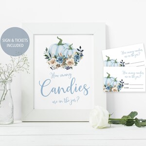 Zucca blu Quante caramelle ci sono nel gioco del barattolo, segno stampabile del gioco Baby Shower e carte di risposta, floreale avorio, autunno, DOWNLOAD immediato