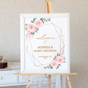 Signe de bienvenue de fleurs rose fard à joues, modèle modifiable, Boho Floral Baby Shower, brunch de mariée de fleurs roses, grande affiche imprimable d'anniversaire