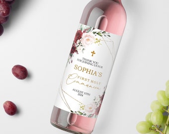 Etiqueta de vino de primera comunión floral rosa Marsala y rubor, plantilla EDITABLE, etiqueta de bautismo de oro y borgoña imprimible boho, etiqueta de vino de regalo