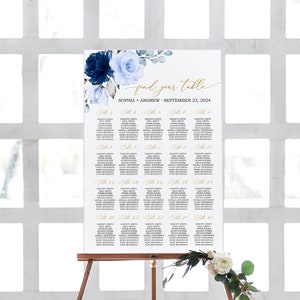 Marineblauwe en gouden bloemen bruiloft zitplaatsen grafiek, BEWERKBARE sjabloon, Boho Blue Rose bloemen bruiloft tabel poster, DIY afdrukbare zitplaatsen plan