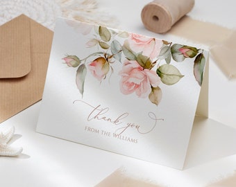 Floral Wedding Thank You Card: Blush Pink Rose, Editable (Printable)