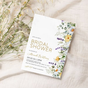 Convite para chá de panela com flores silvestres, modelo EDITÁVEL, convite para brunch com margaridas e flores silvestres de lavanda para impressão, cartão floral amarelo boho