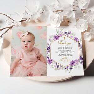 Photo de baptême violette, modèle MODIFIABLE, merci rustique imprimable, communion fille, fleurs lilas & cadre doré baptême