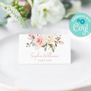 Cartões de lugar florais rosa blush editáveis, modelo de cartão de lugar para impressão, cartão de assento Boho, cartão de visita, noiva, chá de bebê, aniversário, casamento