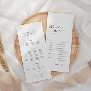 Plantilla de menú minimalista + carta de agradecimiento, plantilla de servilletas de boda editables, menú de boda simple imprimible, configuración de mesa minimalista