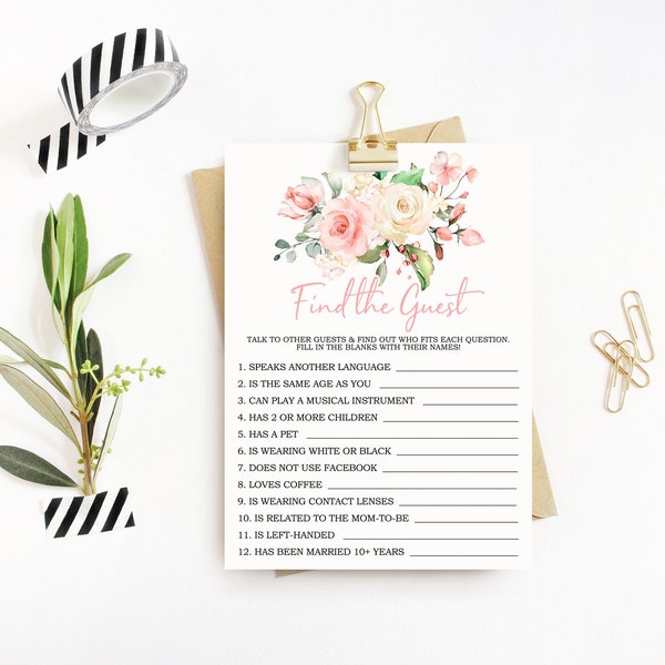 Blush Pink Find the Guest Shower Game, EDITABLE Template, Printable Bridal Brunch Game, Floral Baby Girl Party, White Rose Flowers Activity