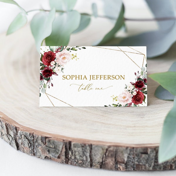 Burgundy Rose Floral Place Card Etsy