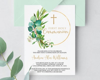 May include: A white card with a gold circle and a cross. The card has green leaves and the text "First Holy Communion" and "Andrew Alex Williams". The card also includes the date, time, and location of the event.