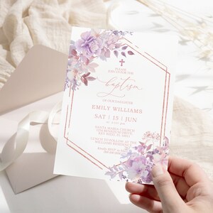 Lila Blumen-Taufeinladung, EDITIERBARE Vorlage, Boho Elegant Lavender Floral & Rose Gold Rahmen Mädchen Printable Taufeinladung