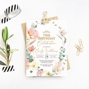 Faire-part 75e anniversaire de fleurs sauvages, modèle MODIFIABLE, guirlande de fleurs rose et rouge pour femme, invitation d'anniversaire imprimable, femme de tout âge inviter