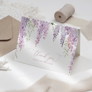 Elegante paarse blauweregen bedankkaart, bewerkbare afdrukbare lavendel bloemen bruiloft bedankje, violette bloemen bruids douche, blozende roos