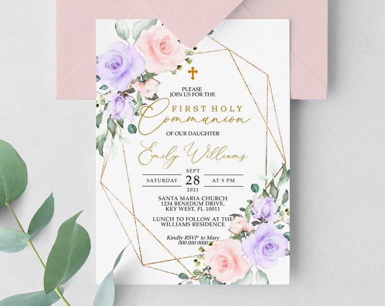 Blush Pink Violet Flowers First Holy Communion Invitation EDITABLE Template Boho Floral Girl Printable Christening Invite