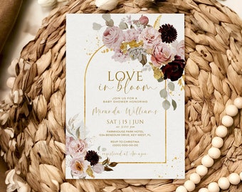 Bohemian Arch Love is in Bloom Bridal Shower Invitation, EDITABLE Pink & Burgundy Flowers Template, Printable Gold Frame Bridal Brunch