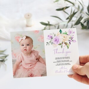 Lavendel Rose Taufe Foto Danke, EDITIERBARE Vorlage, druckbare Boho Lila & Weiß Rose Blumen Erstkommunion Danke