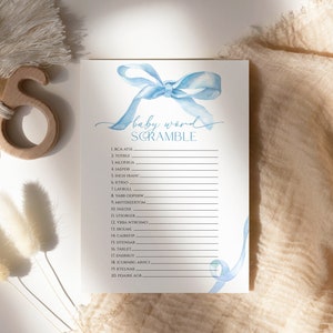 Blue Bow Baby Wort Buchstaben-Spiel, EDITIERBARE druckbare Aquarell Blue Ribbon Wort Buchstaben-Vorlage, Mädchen-Babyparty-Spielkarte + Antworten